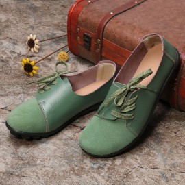 LOSTISY Large Size Women Casual Soft Lightweight Splicing Leather Lace Up Flats Loafers