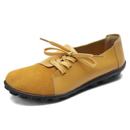 LOSTISY Large Size Women Casual Soft Lightweight Splicing Leather Lace Up Flats Loafers