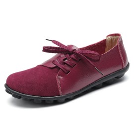 LOSTISY Large Size Women Casual Soft Lightweight Splicing Leather Lace Up Flats Loafers