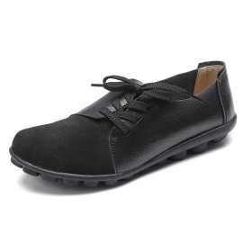 LOSTISY Large Size Women Casual Soft Lightweight Splicing Leather Lace Up Flats Loafers