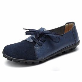 LOSTISY Large Size Women Casual Soft Lightweight Splicing Leather Lace Up Flats Loafers
