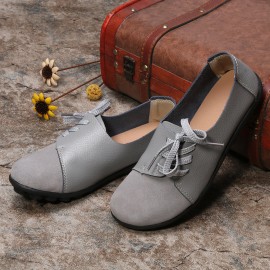LOSTISY Large Size Women Casual Soft Lightweight Splicing Leather Lace Up Flats Loafers