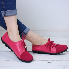 LOSTISY Large Size Women Casual Soft Lightweight Splicing Leather Lace Up Flats Loafers