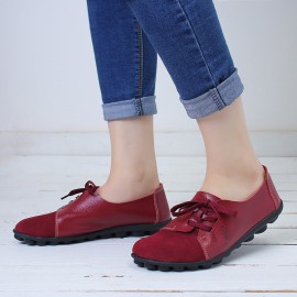 LOSTISY Large Size Women Casual Soft Lightweight Splicing Leather Lace Up Flats Loafers