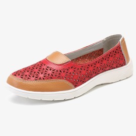 Women Hollow Leather Slip On Solid color Soft Sole Flats Shoes