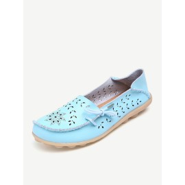 LOSTISY Big Size Leather Hollow Out Floral Breathable Soft Comfy Lace Up Flat Shoes