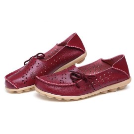 LOSTISY Big Size Leather Hollow Out Floral Breathable Soft Comfy Lace Up Flat Shoes