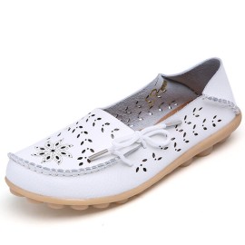LOSTISY Big Size Leather Hollow Out Floral Breathable Soft Comfy Lace Up Flat Shoes