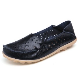 LOSTISY Big Size Leather Hollow Out Floral Breathable Soft Comfy Lace Up Flat Shoes