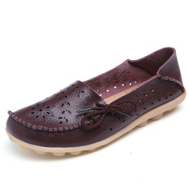 LOSTISY Big Size Leather Hollow Out Floral Breathable Soft Comfy Lace Up Flat Shoes