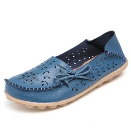 LOSTISY Big Size Leather Hollow Out Floral Breathable Soft Comfy Lace Up Flat Shoes