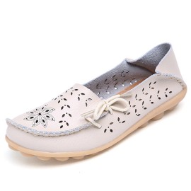 LOSTISY Big Size Leather Hollow Out Floral Breathable Soft Comfy Lace Up Flat Shoes