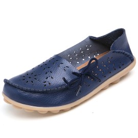 LOSTISY Big Size Leather Hollow Out Floral Breathable Soft Comfy Lace Up Flat Shoes