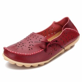 LOSTISY Big Size Leather Hollow Out Floral Breathable Soft Comfy Lace Up Flat Shoes