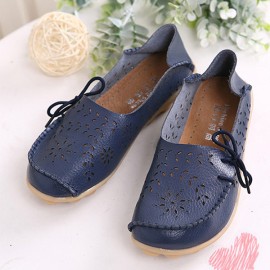 LOSTISY Big Size Leather Hollow Out Floral Breathable Soft Comfy Lace Up Flat Shoes