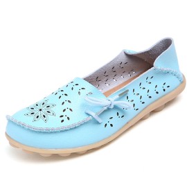 LOSTISY Big Size Leather Hollow Out Floral Breathable Soft Comfy Lace Up Flat Shoes