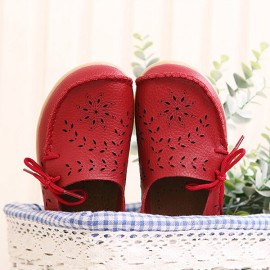 LOSTISY Big Size Leather Hollow Out Floral Breathable Soft Comfy Lace Up Flat Shoes