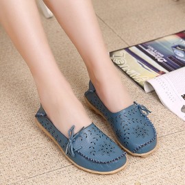 LOSTISY Big Size Leather Hollow Out Floral Breathable Soft Comfy Lace Up Flat Shoes