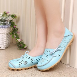 LOSTISY Big Size Leather Hollow Out Floral Breathable Soft Comfy Lace Up Flat Shoes
