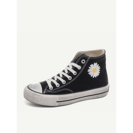 Women Classic Canvas Daisy Pattern Collocation Black Sneakers