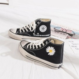 Women Classic Canvas Daisy Pattern Collocation Black Sneakers