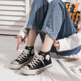 Women Classic Canvas Daisy Pattern Collocation Black Sneakers