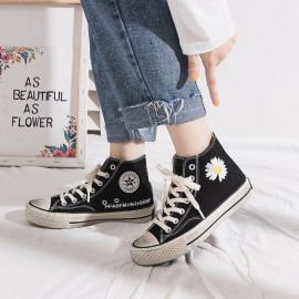 Women Classic Canvas Daisy Pattern Collocation Black Sneakers