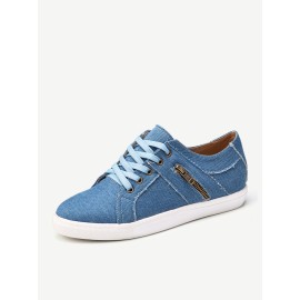 Plus Size Women Retro Zipper Decor Canvas Lace Up Flat Casual Shoes