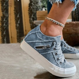 Plus Size Women Retro Zipper Decor Canvas Lace Up Flat Casual Shoes