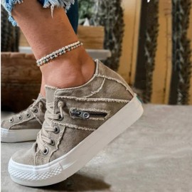 Plus Size Women Retro Zipper Decor Canvas Lace Up Flat Casual Shoes