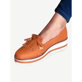 Women Retro Comfy Tassel Butterfly Knot Slip On Wedges Loafers