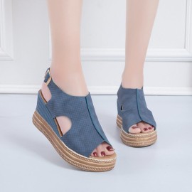 Women Retro Peep Toe Hollow Slingback Buckle Platform Sandals