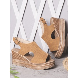 Women Retro Peep Toe Hollow Slingback Buckle Platform Sandals