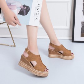 Women Retro Peep Toe Hollow Slingback Buckle Platform Sandals
