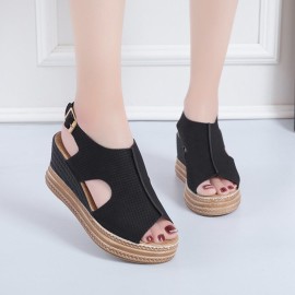 Women Retro Peep Toe Hollow Slingback Buckle Platform Sandals