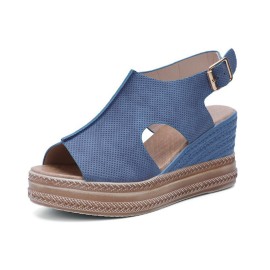 Women Retro Peep Toe Hollow Slingback Buckle Platform Sandals