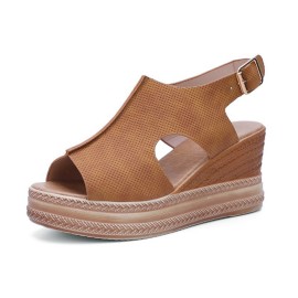 Women Retro Peep Toe Hollow Slingback Buckle Platform Sandals