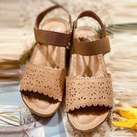 Women Hollow Lace Trim Comfy Elastic Strap Platform Sandals