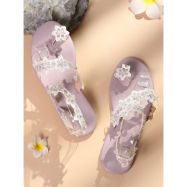 Women Sweet Lace Flowers Decor Comfy Clip Toe Beach Sandals