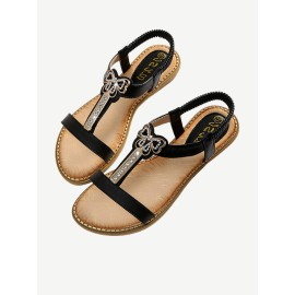Women Rhinestone Bowknot Elastic band Slip On Flat Sandals