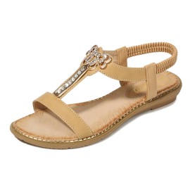 Women Rhinestone Bowknot Elastic band Slip On Flat Sandals