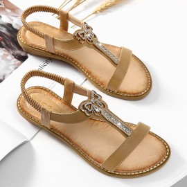 Women Rhinestone Bowknot Elastic band Slip On Flat Sandals
