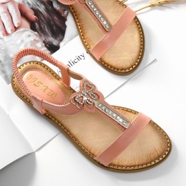 Women Rhinestone Bowknot Elastic band Slip On Flat Sandals