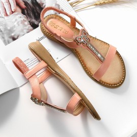 Women Rhinestone Bowknot Elastic band Slip On Flat Sandals