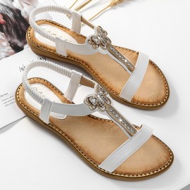 Women Rhinestone Bowknot Elastic band Slip On Flat Sandals
