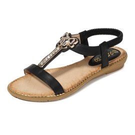 Women Rhinestone Bowknot Elastic band Slip On Flat Sandals