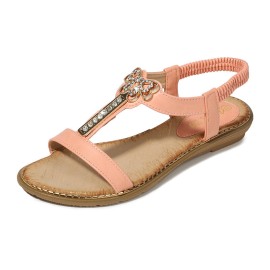 Women Rhinestone Bowknot Elastic band Slip On Flat Sandals