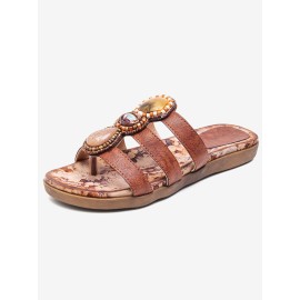 LOSTISY Beaded Bohemia Comfortable Clip Toe Flower Printing Casual Flat Beach Sandals