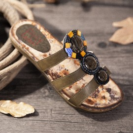 LOSTISY Beaded Bohemia Comfortable Clip Toe Flower Printing Casual Flat Beach Sandals