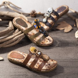 LOSTISY Beaded Bohemia Comfortable Clip Toe Flower Printing Casual Flat Beach Sandals